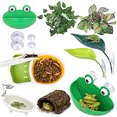 Frog Tank Accessories Set &ndash; Complete Tree Frog Habitat Kit | With Hideout Cave, Water Dish, Feeding Bowl, Suction Cup Plants &amp; Climbing Decor | Toad Terrarium Supplies for Amphibians