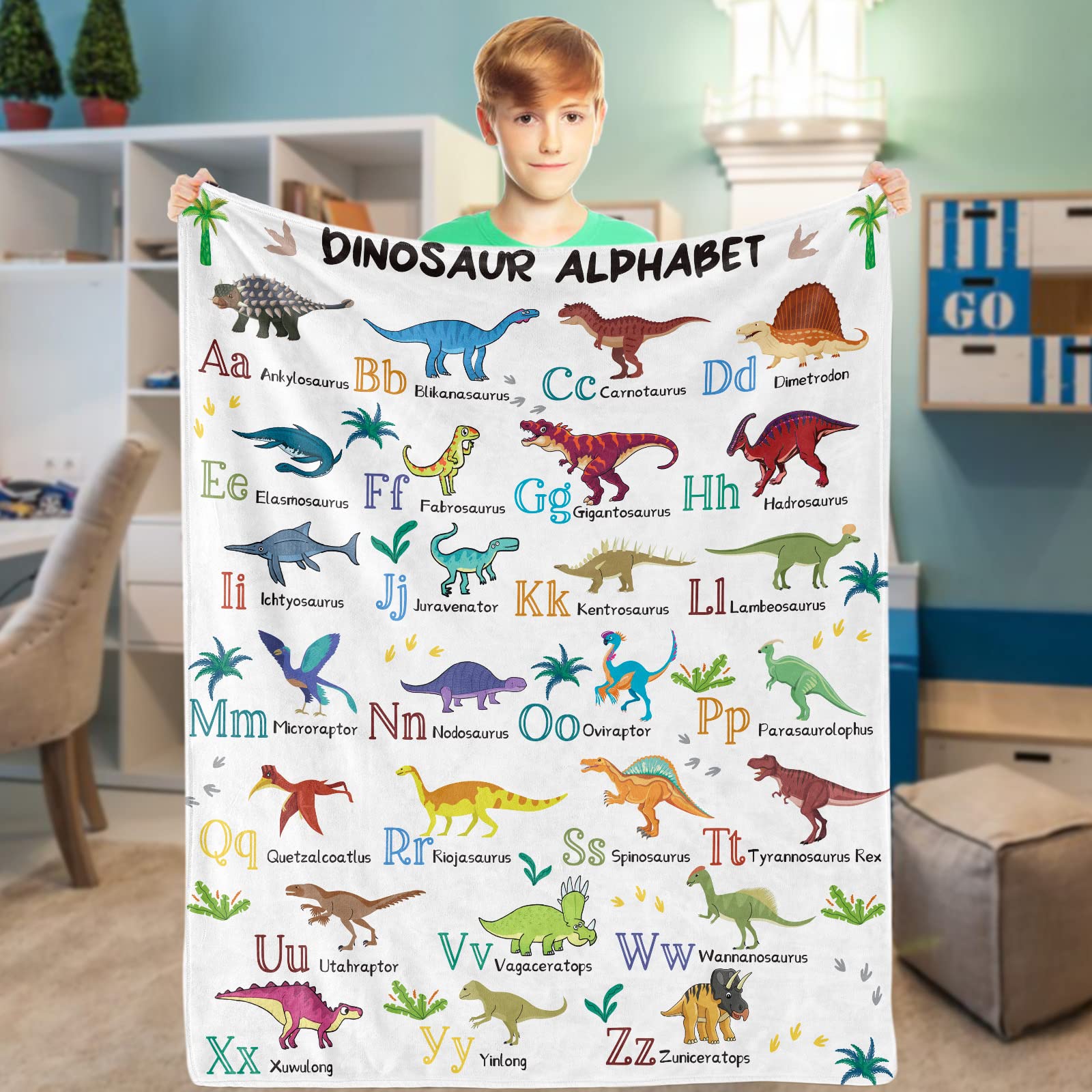 Domgoge Dinosaur Alphabet Blanket, Dino Throw Soft Cozy Flannel Blanket Baby, Fluffy Fuzzy Jurassic Theme Fleece Blankets for Newborn Kid Girl Boy Gift Sofa Couch Crib, 76x102cm, Dinosaur-white