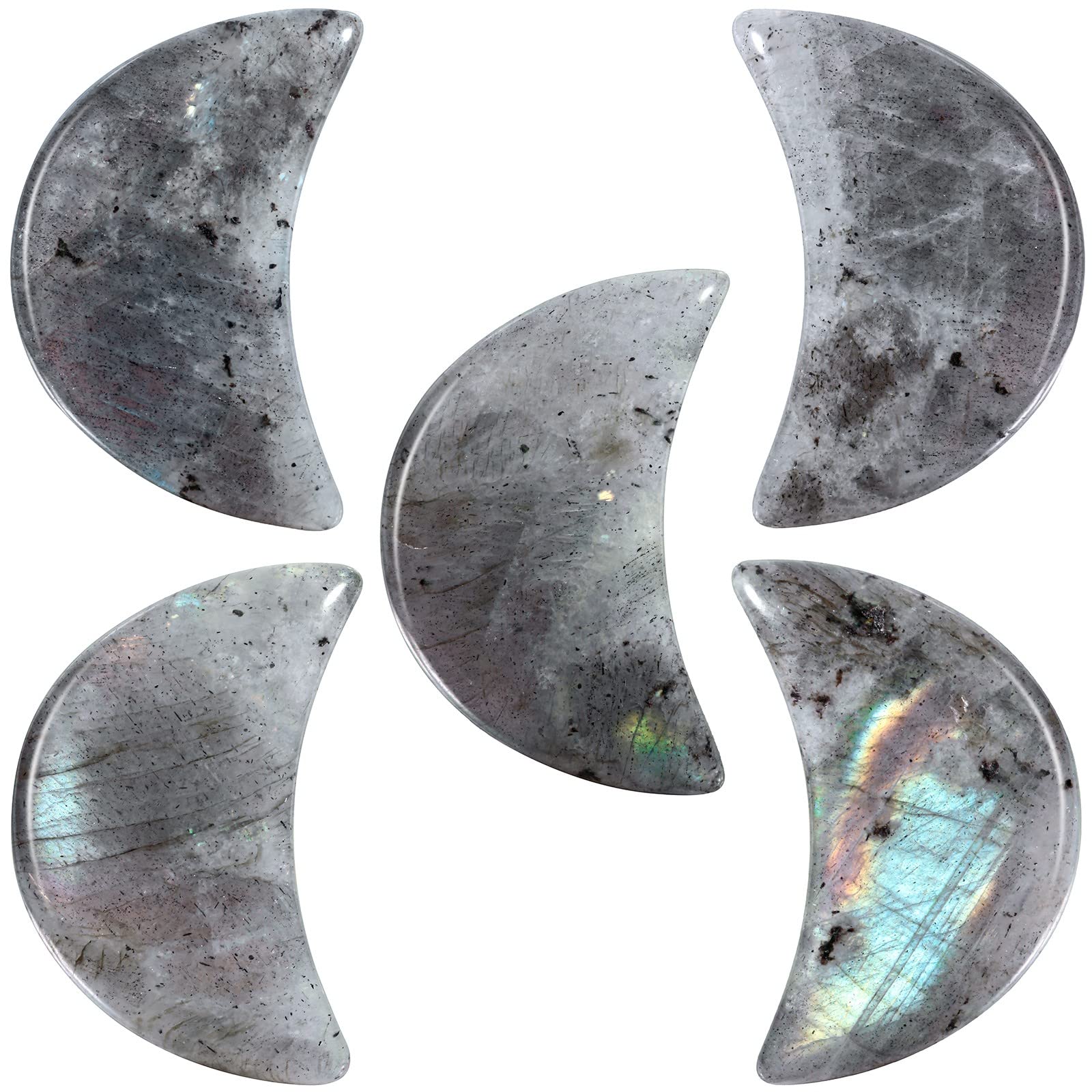 KYEYGWO 5pcs Hand Carved Half-Moon Palm Pocket Stones, Polished Crystal Stone Set for Home Office Decoration DIY or Jewelry Making, Labradorite