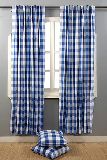 Farmhouse Curtain In Gingham Plaid Check Fabric 50x84 Navy White
