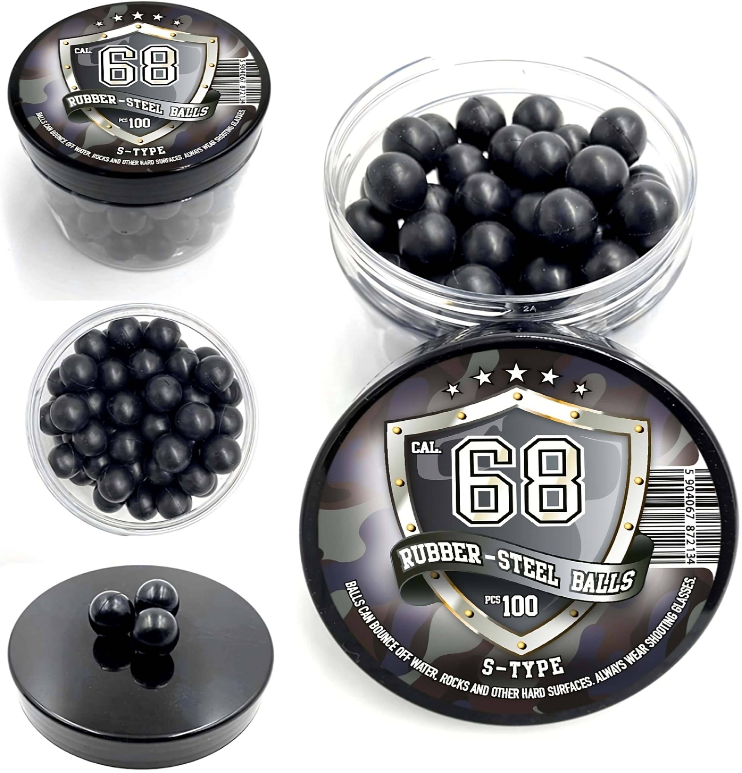 SSR 100 x S - Style Premium Quality Hard Rubber Steel Balls Paintballs Powerballs 7 gr. Heavy Ammo for Self and Home Defense Training Pistols in 68 Cal.