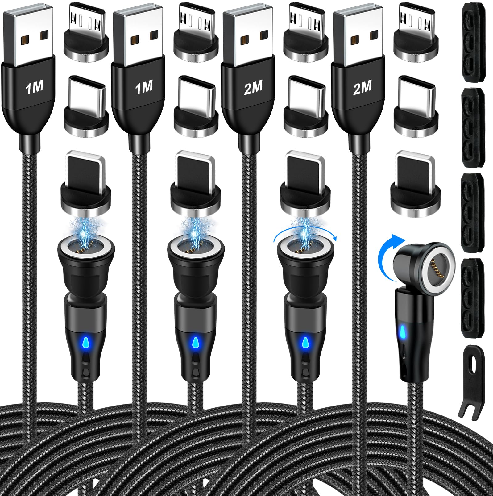 AXFEE 4Pack USB C Magnetic Fast Charging Cable - 2x3.3ft, 2x6.6ft with Organizers & 540° Data Transfer for Type C/Micro USB/i-Products