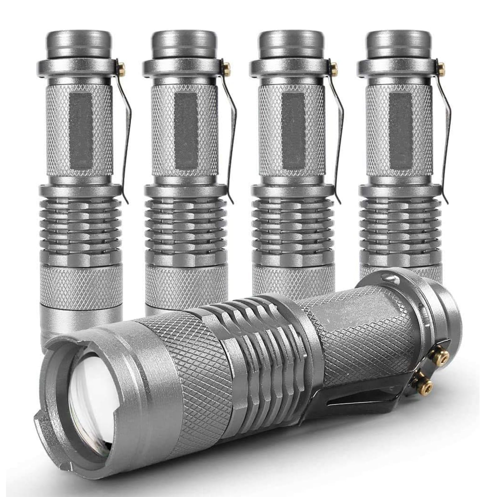MODOAO 5 Pack Mini Torch 7W 300LM SK-68 3 Light Modes Adjustable Focus Zoomable Q5 LED Tactical Flashlight for Camping Hiking Emergency (Sliver)