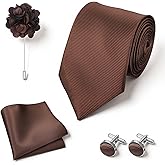 FNANJWQ Brown Ties for Men Set Tie and Lapel Pin Solid Necktie Floral Tie and Lapel Pin Hankerchief Pocket Square Cufflinks Ties Clip Sets for Men Business Casual (3.15" 8cm)