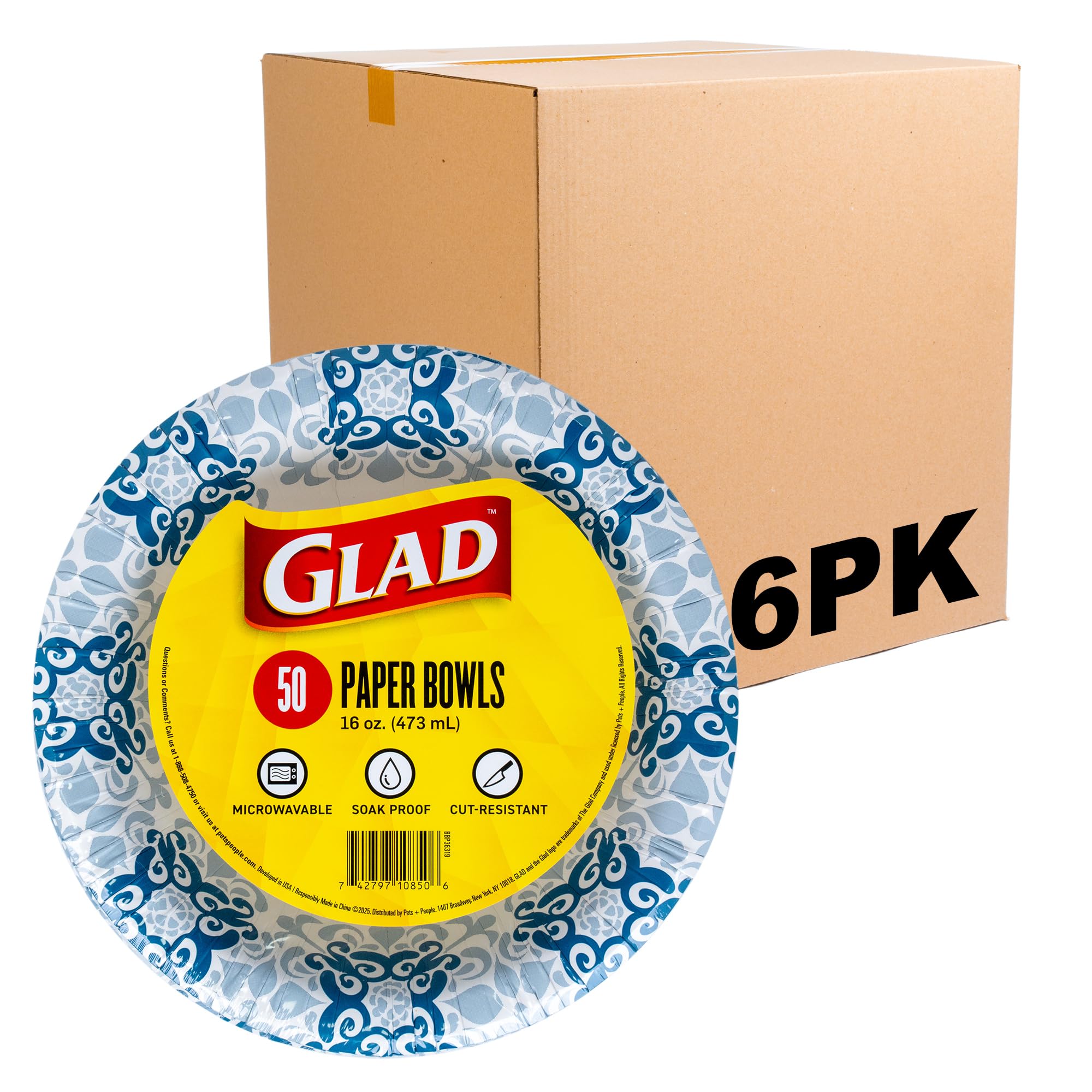 Glad Round Disposable Paper Bowls, Green Victorian Design - Heavy Duty, Soak Proof, Cut-Resistant, Microwavable Bowl for All Foods & Daily Use, 16 Oz, 50 Count - 6 Pack Image