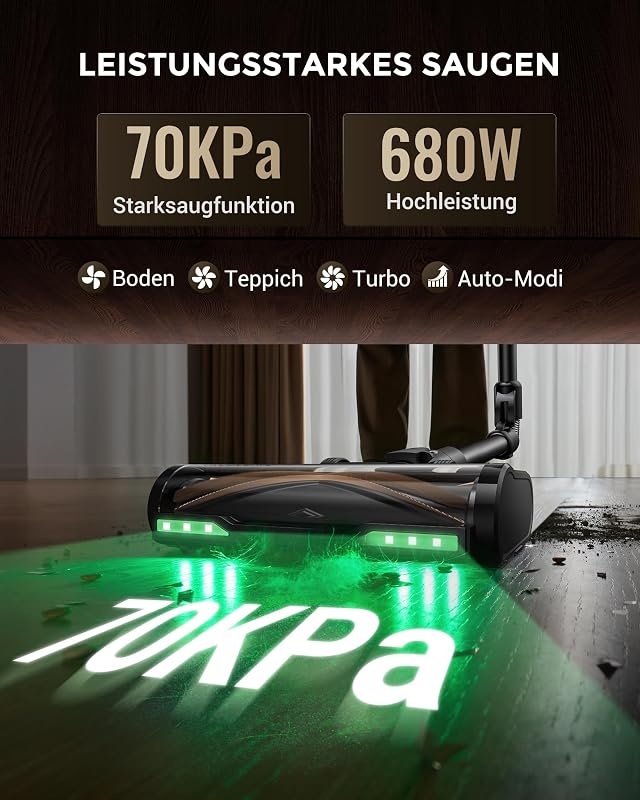 P20+ Staubsauger mit Wischfunktion, 70 KPa 70 Mins 680W Akku Staubsauger Kabellos mit Selbststehend Wandladestation Anti-Tangle 6 Schichten Filter 1,5L, für Teppiche Haustierhaare
