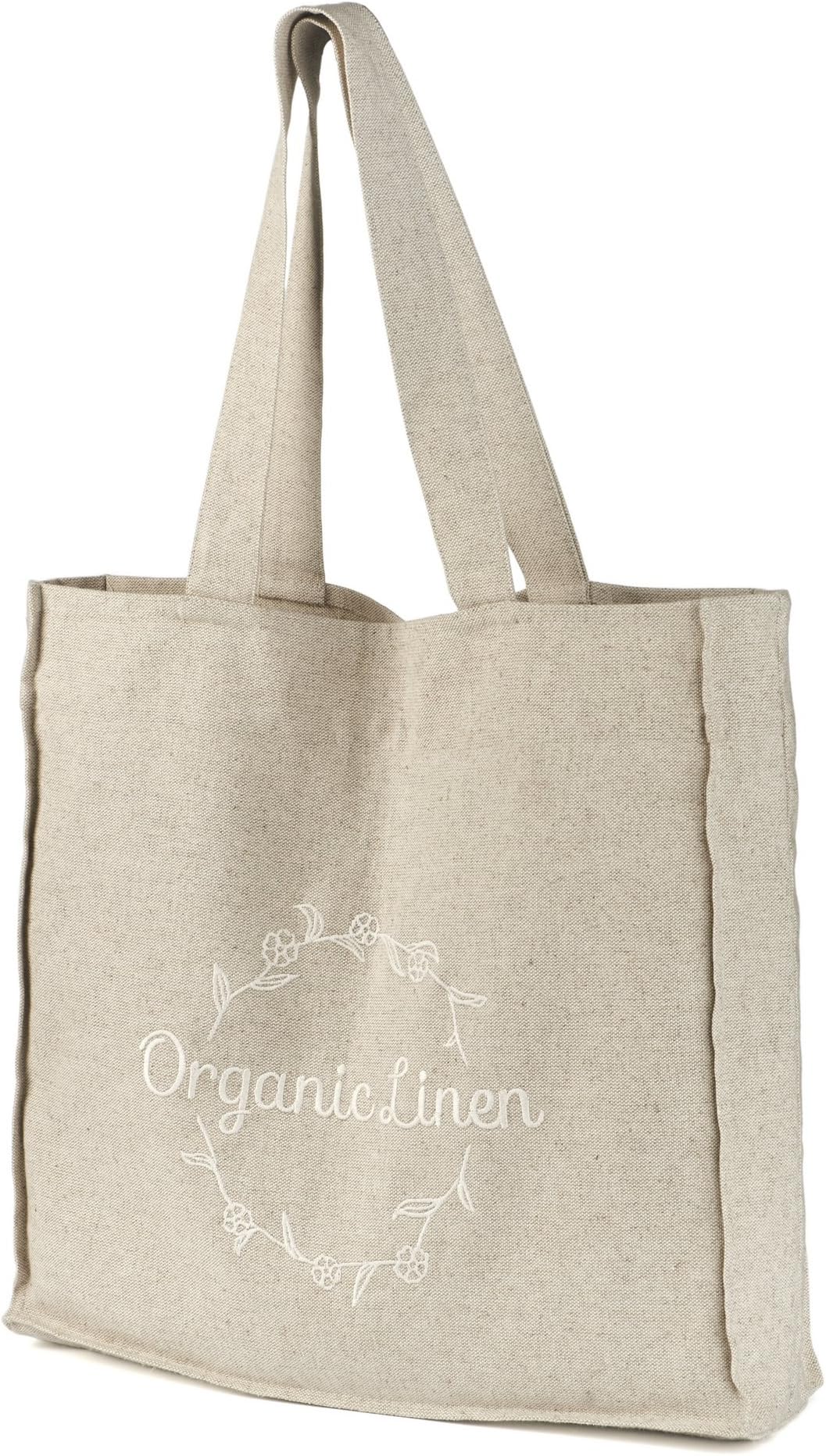 Linen Tote Handbag with Embroidery - EcoFriendly Reusable Bag for Groceries, Shopping, Beach, Travel, School and More - Grey - 16.5"W x 14"H x 3.5"D - 100% European Linen - by Organic Linen
