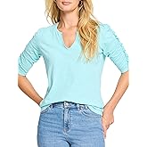 NIC+Zoe Womens Ruched Elbow Sleeve Split Neck Tee