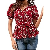 SweatyRocks Women's Puff Short Sleeve Floral Blouses V Neck Wrap Peplum Tops with Belt
