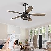 52 Inch Farmhouse Ceiling Fan with Light and Remote, Black Industrial Caged Ceiling Fans Flush Mount, 5 Dual Finish Blades, 6