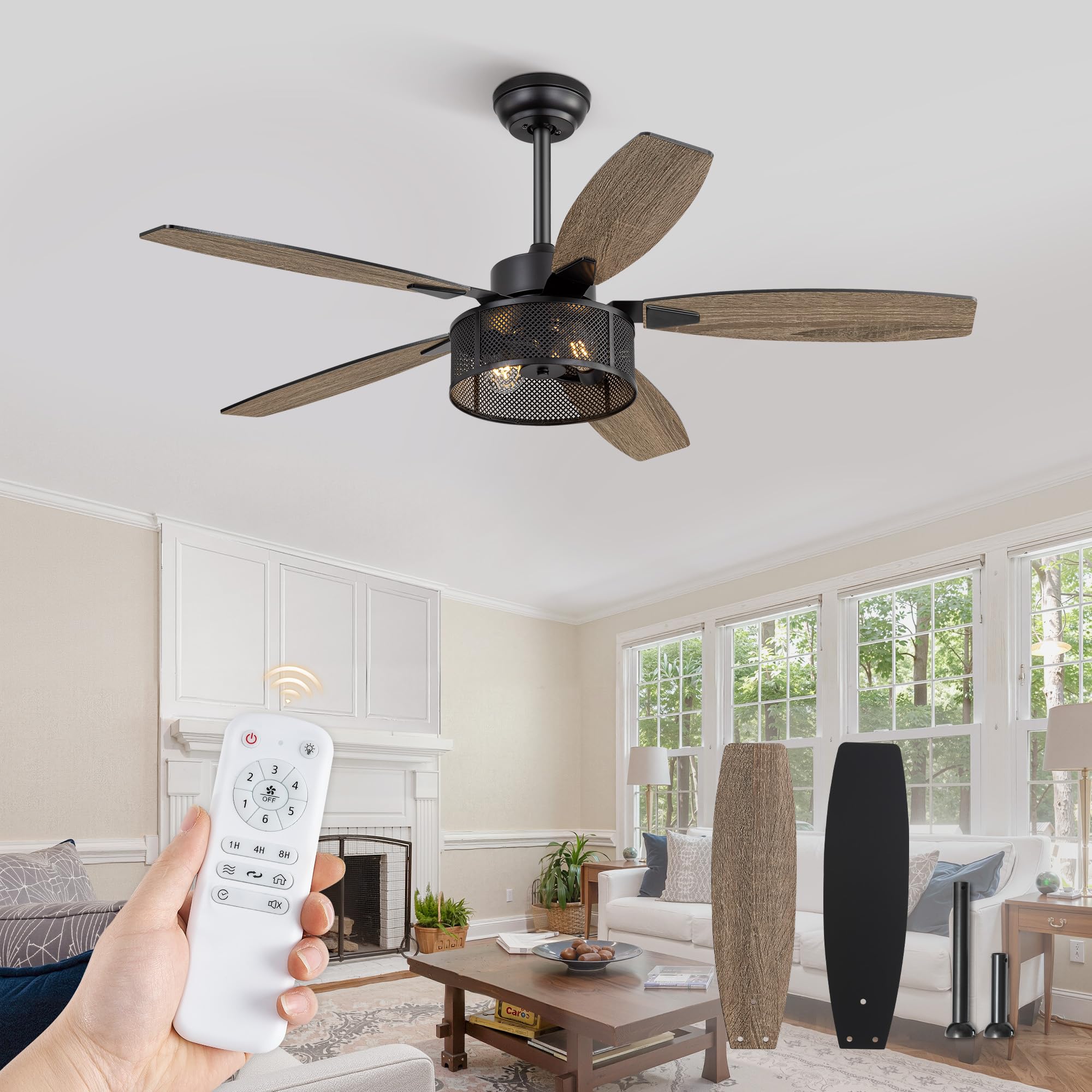 Photo 1 of 52 Inch Farmhouse Ceiling Fan with Light and Remote, Black Industrial Caged Ceiling Fans Flush Mount, 5 Dual Finish Blades, 6-Speed Reversible Quiet DC Motor, Rustic Design for Bedroom, Living Room