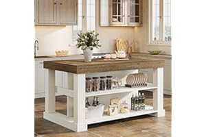 Tribesigns Kitchen Island with 3 Shelves, 55 Inches Width Kitchen Shelf with Large Worktop, Stable Wooden Structure, Farmhouse Style, Easy to Assemble, White and Brown