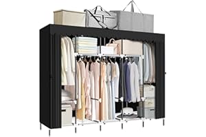 LOKEME Portable Closet, Great Size 82-Inch Portable Wardrobe with 5 Hanging Areas and 10 Storage Shelves, Black Portable Closets for Hanging Clothes, Extra Sturdy 25mm Steel Tube and Easy to Assemble