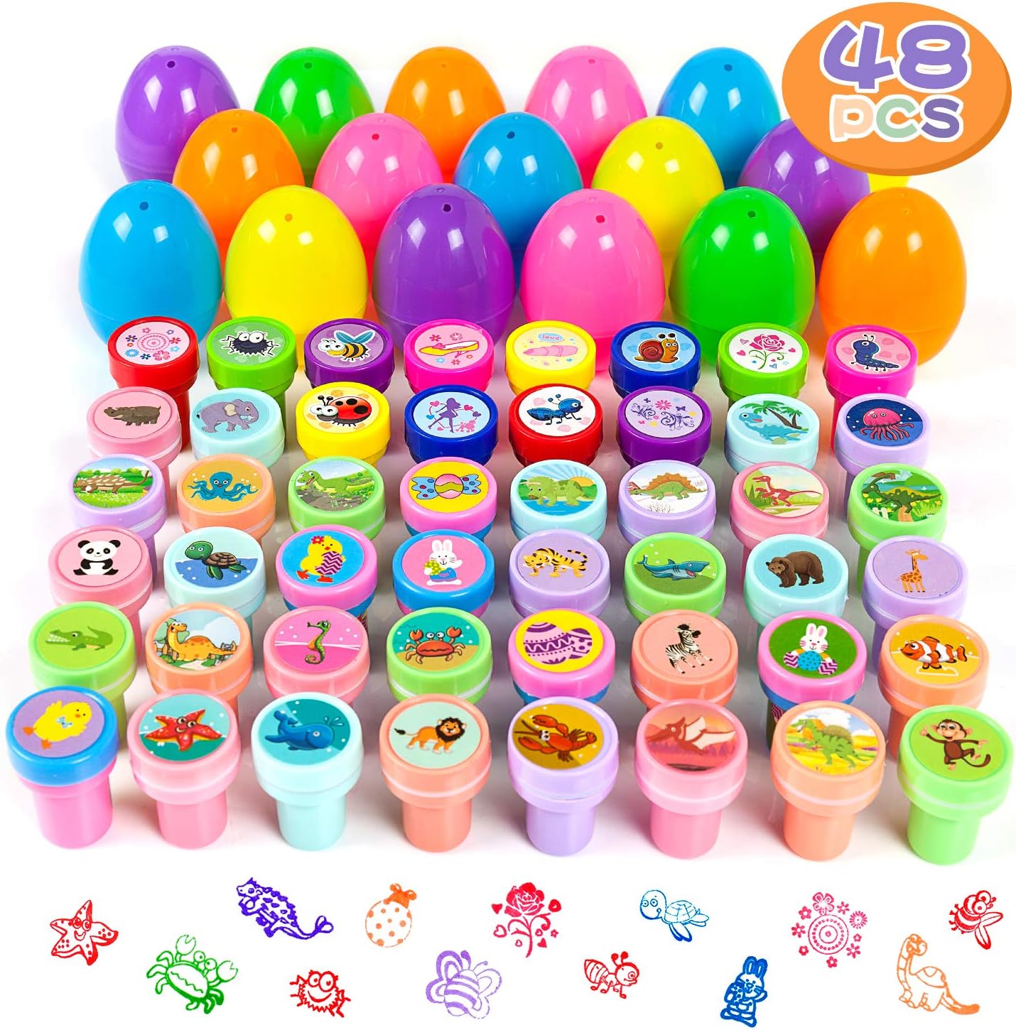 HOOJO 48 Pieces Prefilled Easter Eggs with Assorted Stamps for Kids, Surprise Eggs for Easter Basket Stuffers, Party Favor, Teacher Stamps