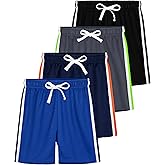YERIOK 4 Pack Boys Mesh Shorts Boys Athletic Shorts Kids Youth Quick Dry Basketball Running Gym Sports with Stripe