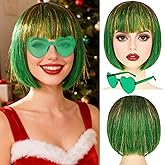 PLULON Green-Red-Gold Bob Wig with Bangs for Women Men, Colorful Short Funny Bob Wigs with Heart Sunglasses and Hair Cap Colored Cosplay Hairpieces for Christmas Halloween Costume Neon Party