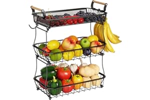 ANTOPY 3 Tier Fruit Basket with 2 Banana Hangers, Countertop Vegetable Bowl for Kitchen Counter Metal Mesh Fruits Stand Produ