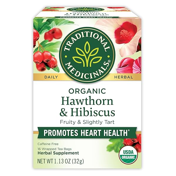 TRADITIONAL MEDICINALS TEA, ORGANIC HAWTHORN & HIBISCUS – PROMOTES HEART HEALTH – KOSHER, NON-GMO, CAFFEINE-FREE – 16 TEA BAGS