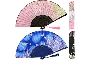 OMyTea Folding Hand Fans for Women - Chinese Japanese Vintage Bamboo Silk Fans - for Hot Flash, EDM, Music Festival, Party, Dance, Performance, Decoration, Wedding, Gift (Blue & Pink Sakura)