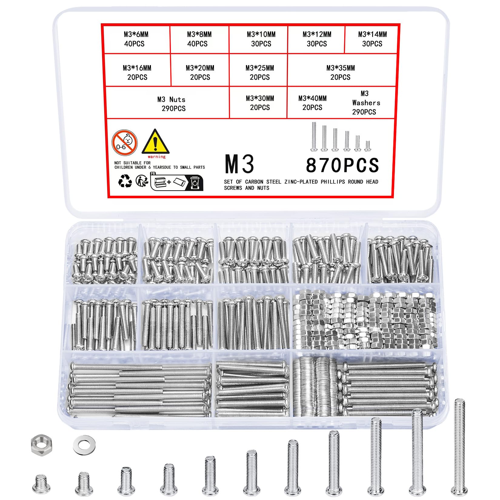 Vwoqiy 870 Pcs M3 Screws Set, Pan Head Machine Screws Bolts and Nuts and Washers Assortment Kit, Assorted Galvanized Round Head Cross Pan Head Screws Bolts and Nuts Sets(silvery 870) — image 1