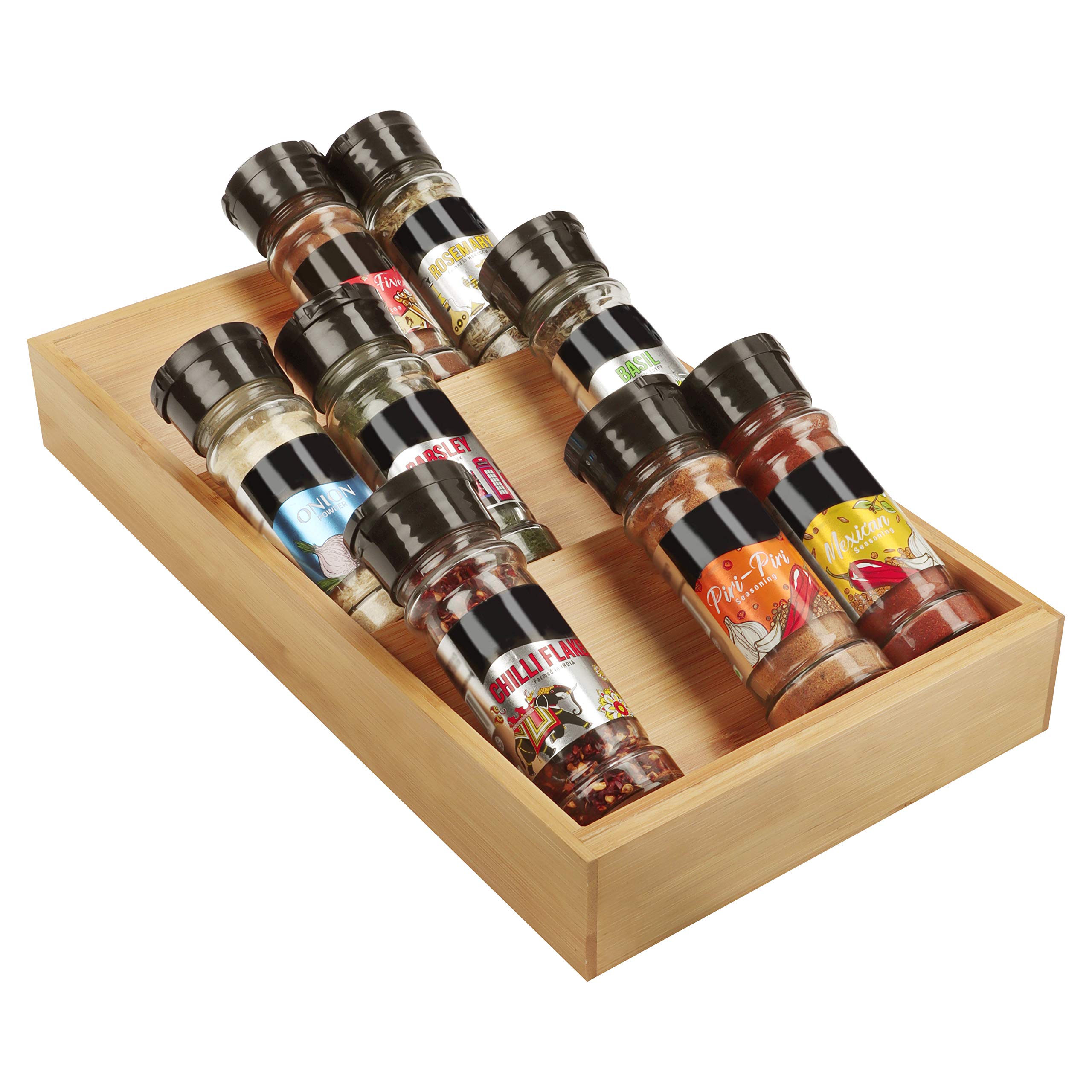 Kurtzy 3 Tier Wooden Bamboo Kitchen Spice Drawer Insert Organiser Rack Tray - Slanted Storage For Cabinet Shelf and Drawers - Salt, Seasoning Jars, Vitamins & Supplements