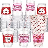 Yaomiao 300 Pcs 12 oz Valentine's Day Plastic Party Cups with Lids and Straw Valentine's Day Plastic Cup Heart Disposable Clear Tumbler Red Pink Disposable Drinking Set for Party Supply