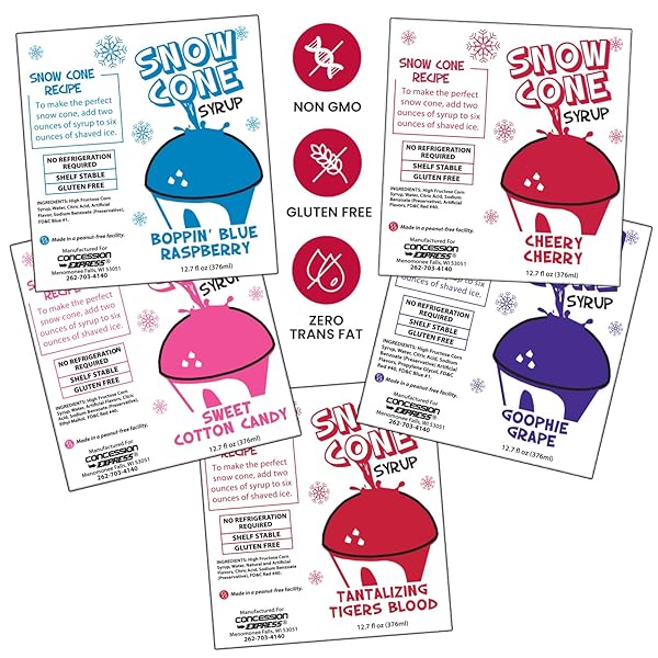 CONCESSION EXPRESS® SNOW CONE SYRUP FUN FLAVORS PACK (5 FLAVORS, 12.7 OZ EACH) – BLUE RASPBERRY, CHERRY, COTTON CANDY, GRAPE & TIGER’S BLOOD – SNOW CONE & SHAVED ICE SYRUPS PERFECT FOR HOME, CONCESSIONS, & PARTIES