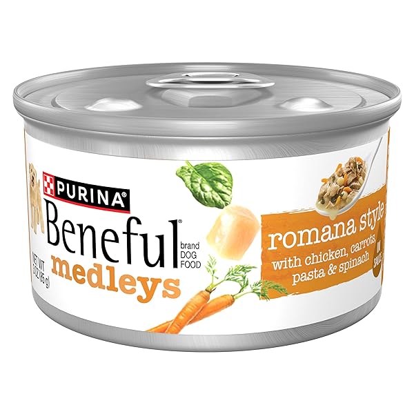 PURINA BENEFUL WET DOG FOOD, MEDLEYS ROMANA STYLE WITH CHICKEN, CARROTS, PASTA AND SPINACH IN SAUCE – (PACK OF 12) 3 OZ. CANS