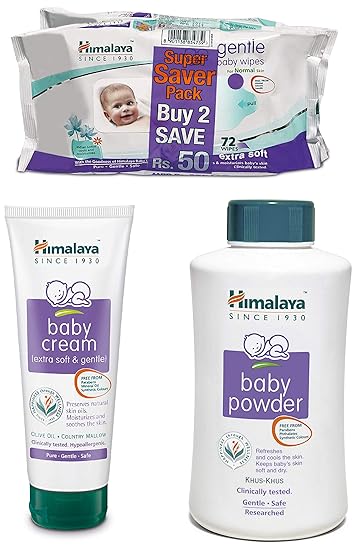 Himalaya Baby Cream, 200ml, Gentle Wipes (72 Napkins of 2 Packs) and Powder, 700g Combo
