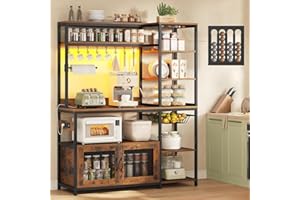 UPOSOJA 47.2 in Bakers Rack with Power Outlet & LED Light, Coffee Bar with Coffee Pod Holder for Vetuo, Kitchen Microwave Stand with Storage Shelves, Paper Holder, Cabinet, Wire Basket, 8 Hooks (Rustic Brown)