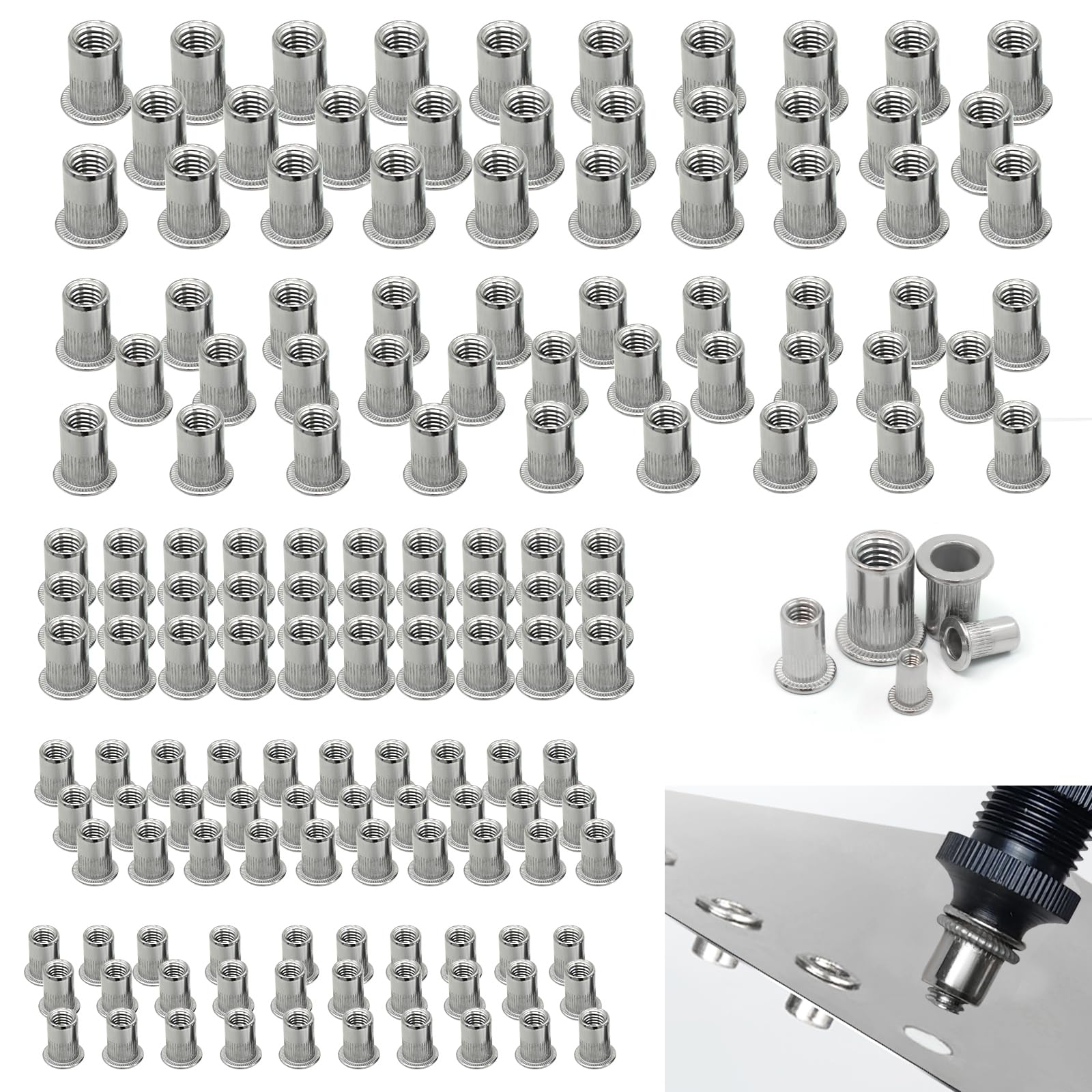 Wkmamo150 Pcs 304 Stainless Steel Rivet Nuts M3 M4 M5 M6 M8,Threaded Rivetnut Insert Nutsert,Flat Head Threaded Rivetnut Insert Rivnut Asortment Kit
