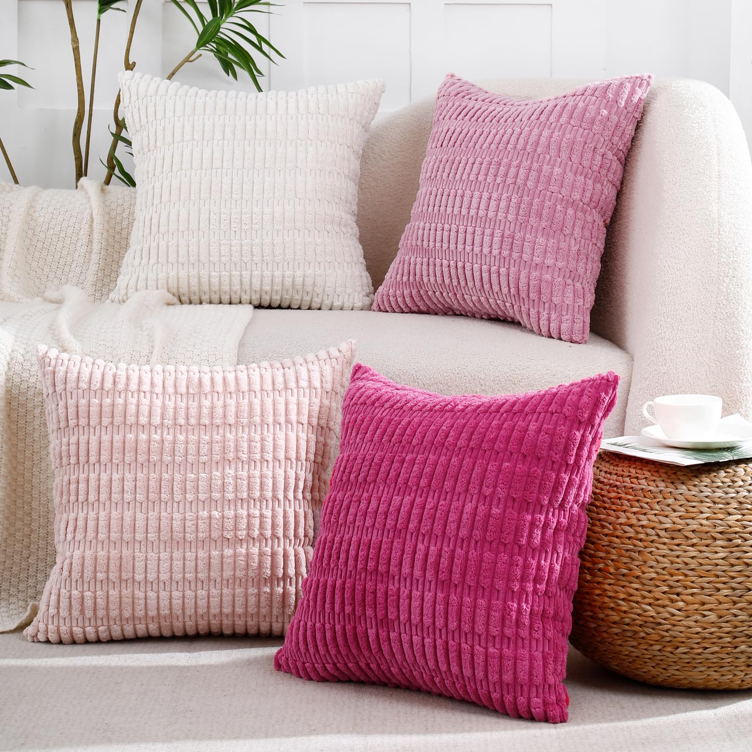 Photo 1 of All Smiles Decorative Throw Pillow Covers 16x16 Set of 4 Farmhouse Home Decor Soft Plush Striped Corduroy Square Cushion Case for Living Room Couch Bed Sofa?Hot Pink Cream