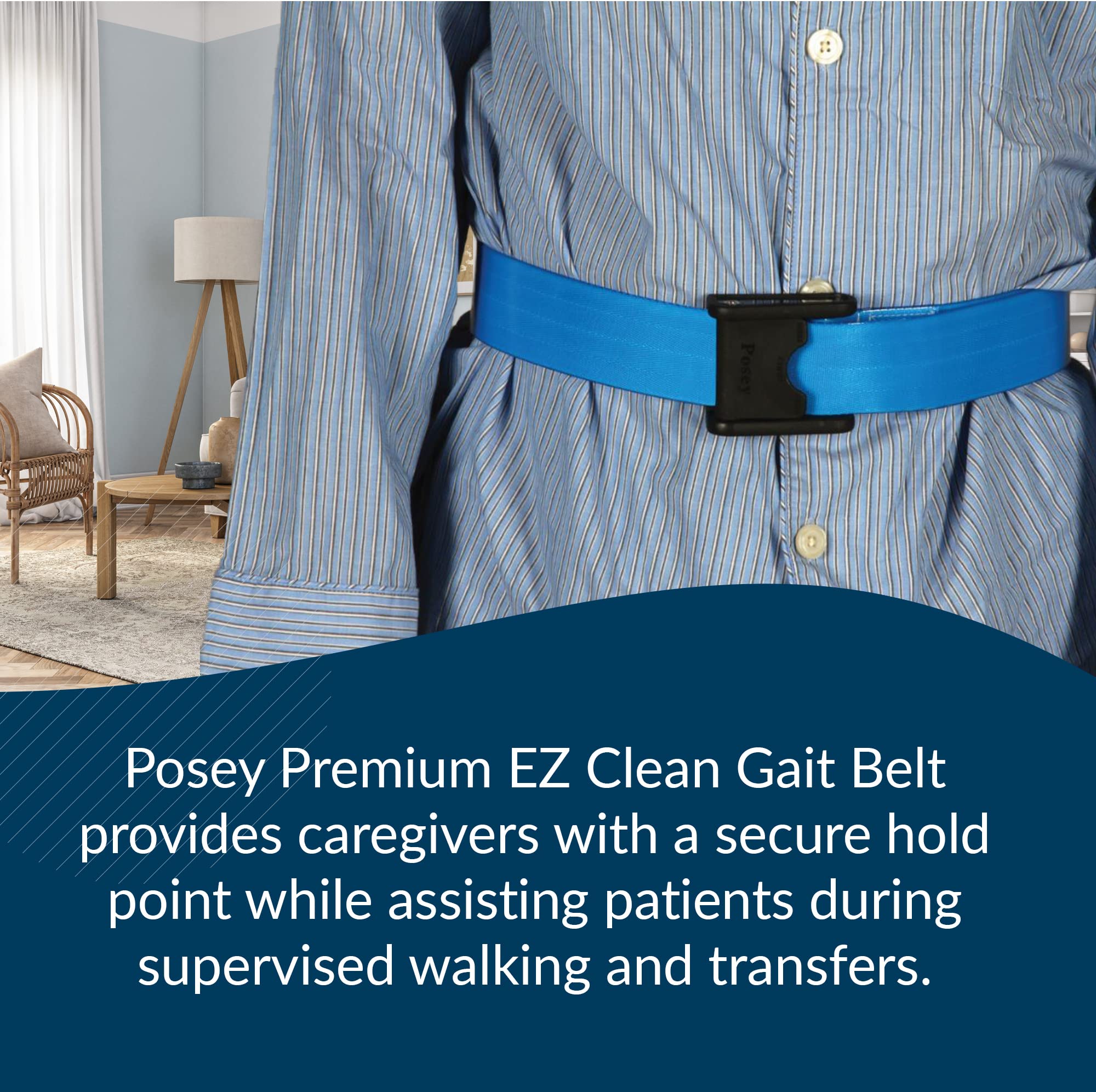 Posey 6546BL Premium EZ Clean Gait Belt with Spring-Loaded Buckle, Blue, 80