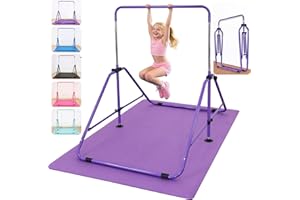 MARFULA Foldable Gymnastic Bar for Kids Ages 3-9, 9 Height Levels, 200 lbs Weight Capacity, 5 Ft Length Gymnastic Kip Bar with Mat, Gymnastic Equipment for Home and Gym Center Indoor Outdoor Use