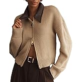 EZAPINE Womens Cropped Cardigan Sweaters Fall Winter Zip Up Lapel Collared Long Sleeve Open Front Chunky Knit Top Khaki