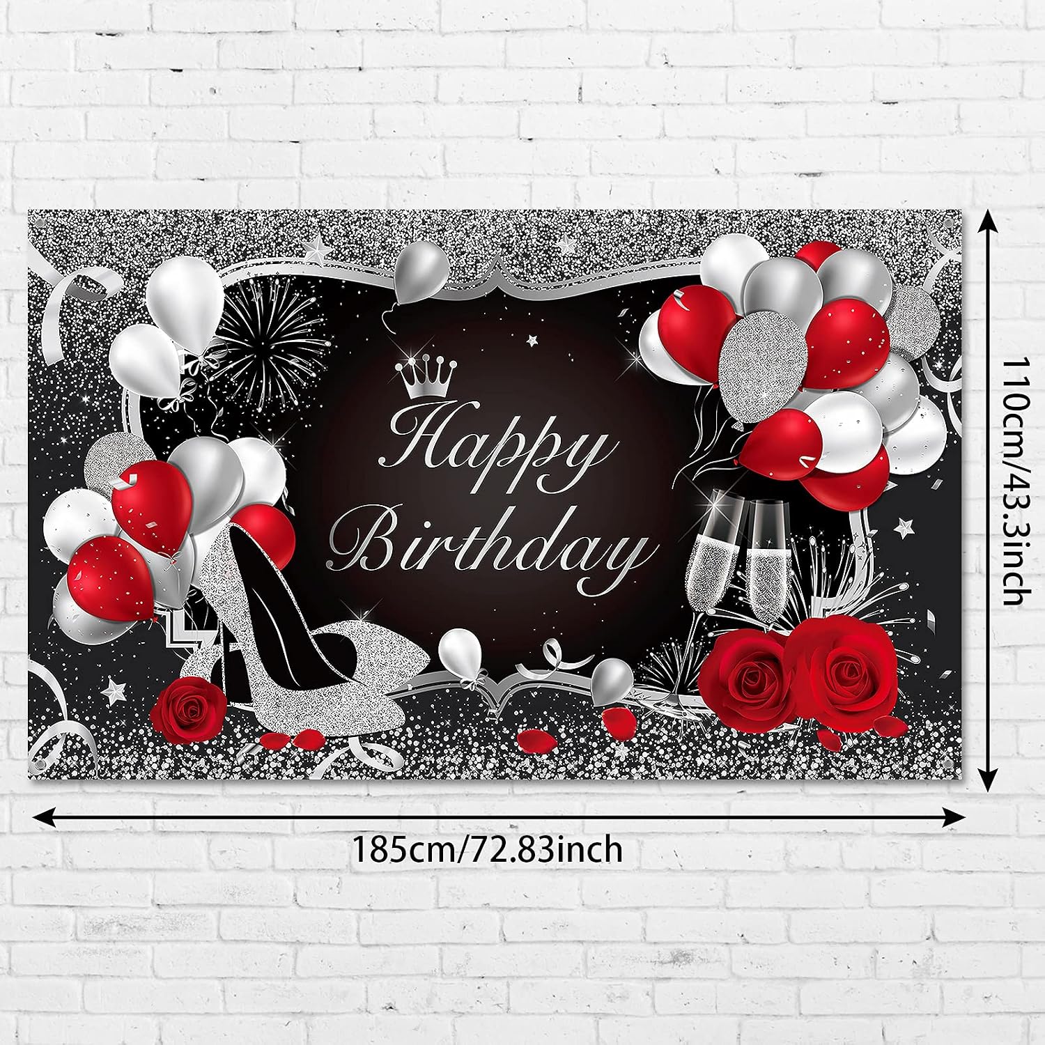 Silver and Black Happy Birthday Backdrop Banner Large Balloons Background Pink Red Champagne Glitter High Heels for Party Decorations 185 x 110 cm - Image 3