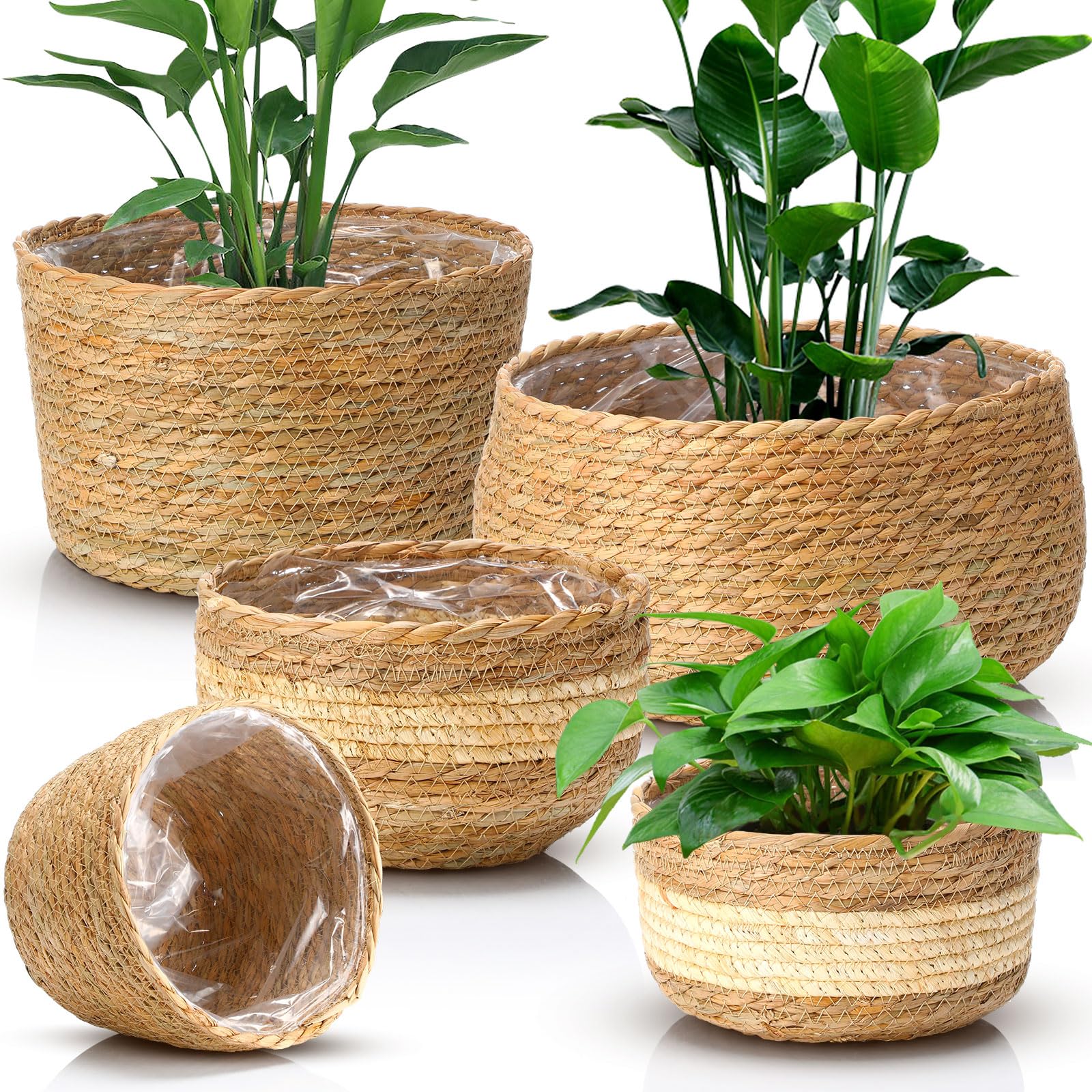 Photo 1 of ***MISSING TWO BASKETS-SELLING AS INCOMPLETE ***Sieral 3 Pcs Seagrass Hand Woven Planter Basket Large Plant Pots Indoor Flower Pots Cover, 12+8+7+6 Inch Storage Planter Containers with Plastic Liners