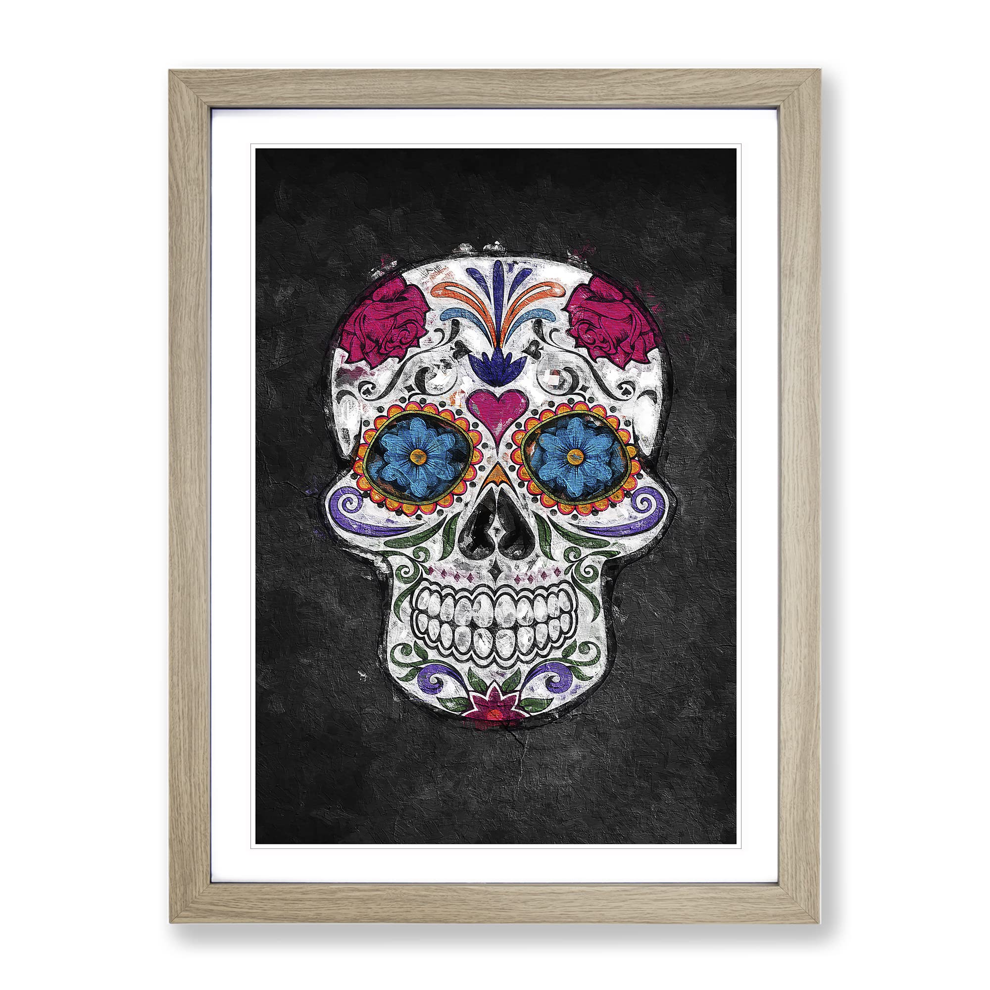 Floral Sugar Skull Modern Framed Wall Art Print, Ready to Hang Picture for Living Room Bedroom Home Office Décor, Oak A3 (34 x 46 cm)