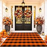 Fall Outdoor Rug 4' x 6' Orange and Black Bufflao Plaid Rug Layered Mat | Fall Front Porch Décor,Washable Halloween Doormat Farmhouse Thanksgiving Door Mats Rug for Front Porch, Entryway, Patio