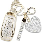 Simocky Key Fob Cover with Heart Keychain, Girly Car Key Shell Case for Women, Compatible with Ford Fusion Mustang F150 Edge Explorer Lincoln MKZ MKC MKX Smart Remote Key Protector (5 Buttons-White)