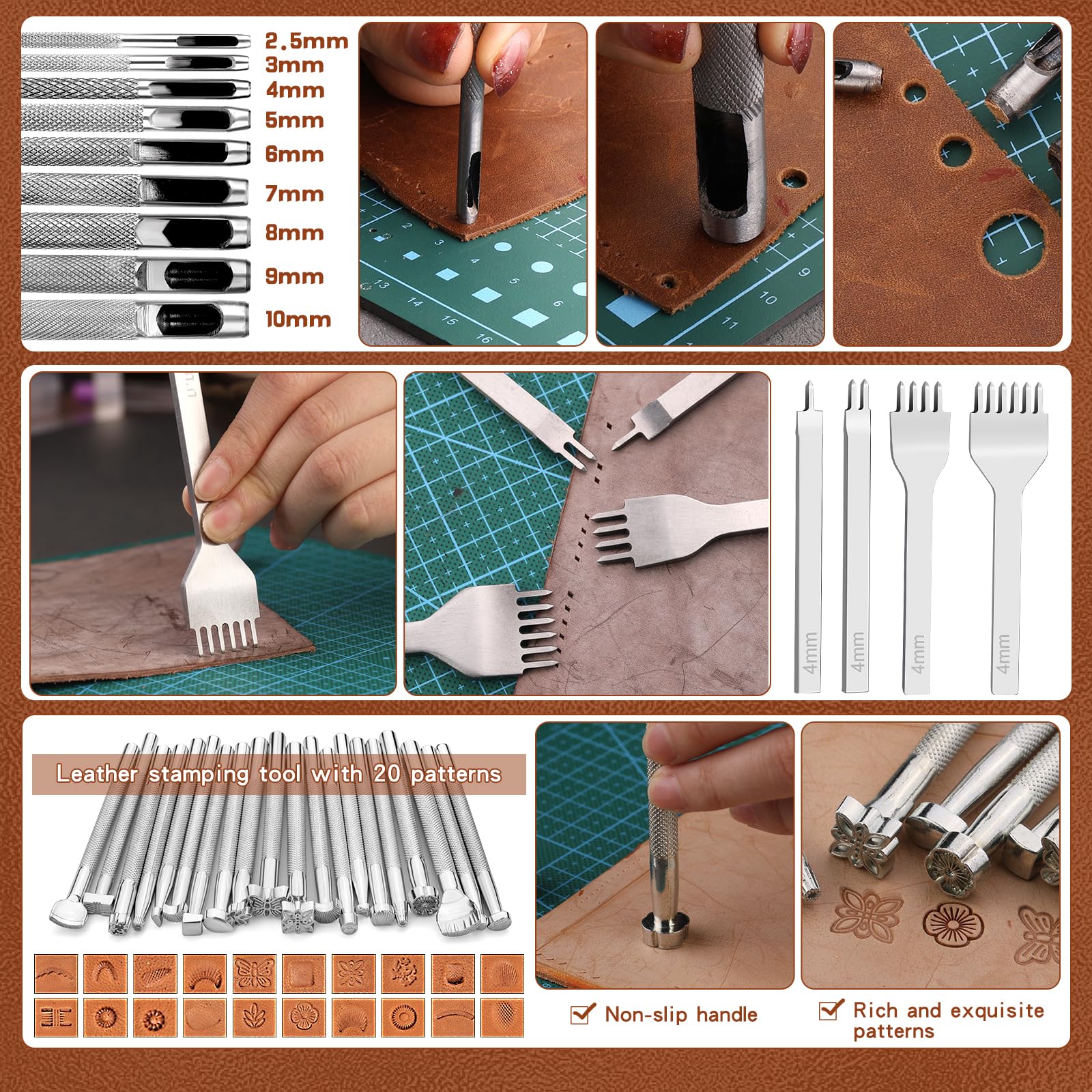 TLKKUE Leather Tooling Kit Leather Craft Tools Leatherworking Kit with Custom Handbag Cutting Mats Engraving Punching Sewing Stamping Sanding Tools for Handicraft Work Professional