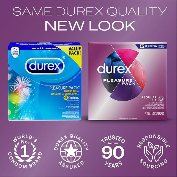 DUREX PLEASURE PACK ASSORTED THIN CONDOMS, EXCITING MIX OF SENSATION AND STIMULATION, LUBRICATED NATURAL RUBBER LATEX CONDOMS FOR MEN, 42 COUNT