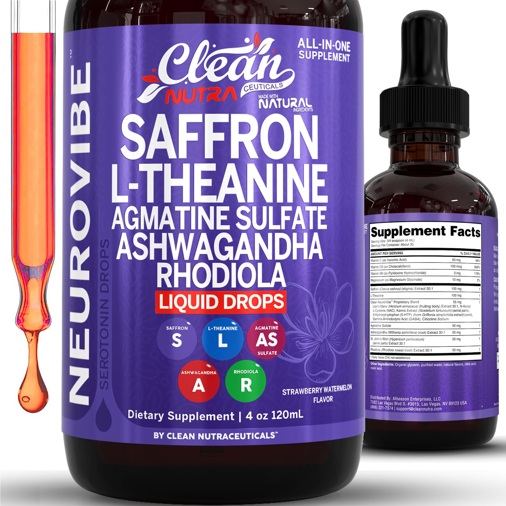 Photo 1 of Saffron Supplements Liquid Drops L-Theanine Agmatine Sulfate Ashwagandha Magnesium Glycinate B6 Magnesium Stress Relief Mood Support 5-HTP GABA Supplement Vitamin D 4oz by Clean Nutra