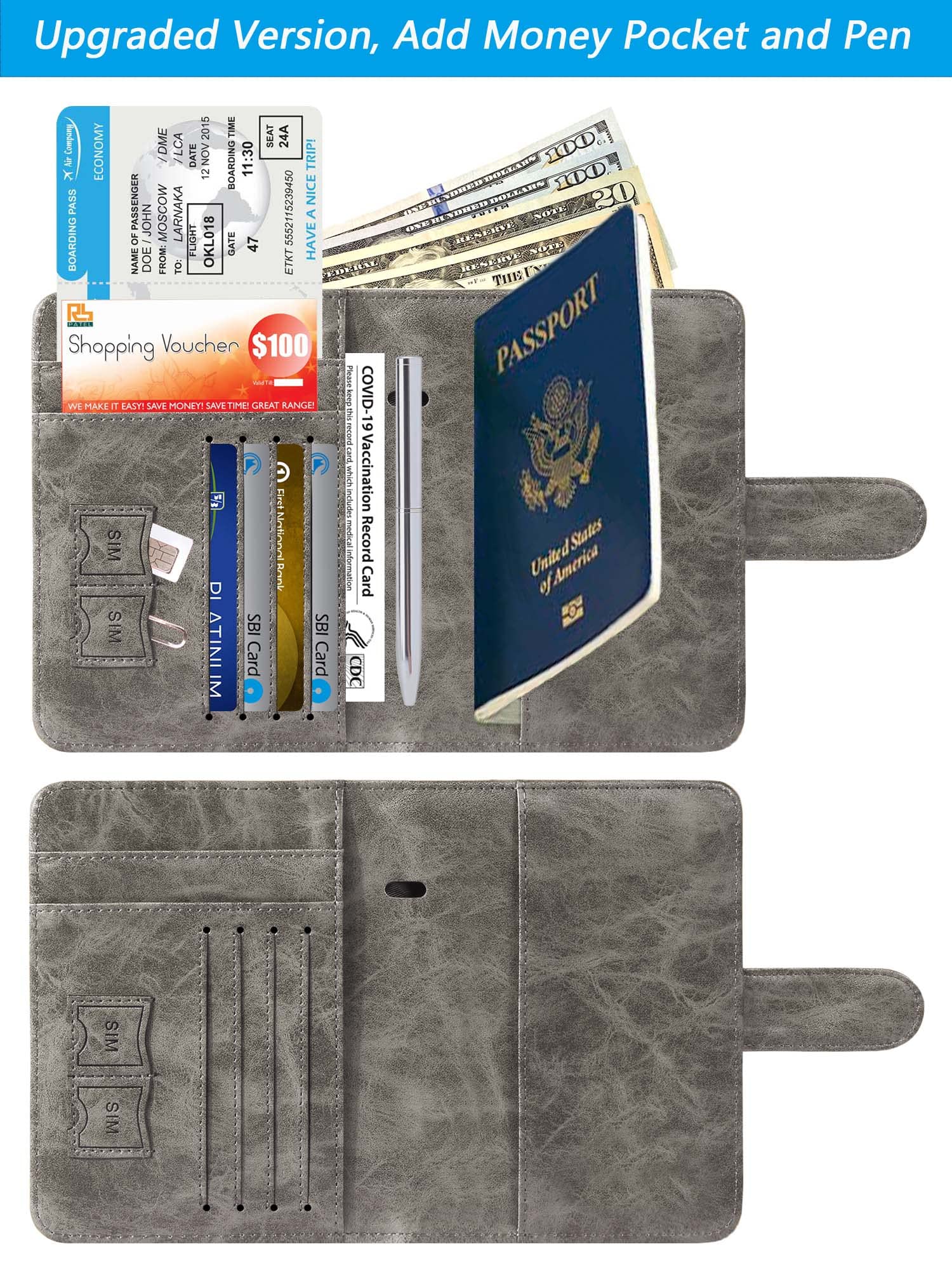 Passport Holder With Luggage Tag Cover Wallet RFID Blocking Leather Case Travel Essentials Accessories Travel Must Have(114#Grey)