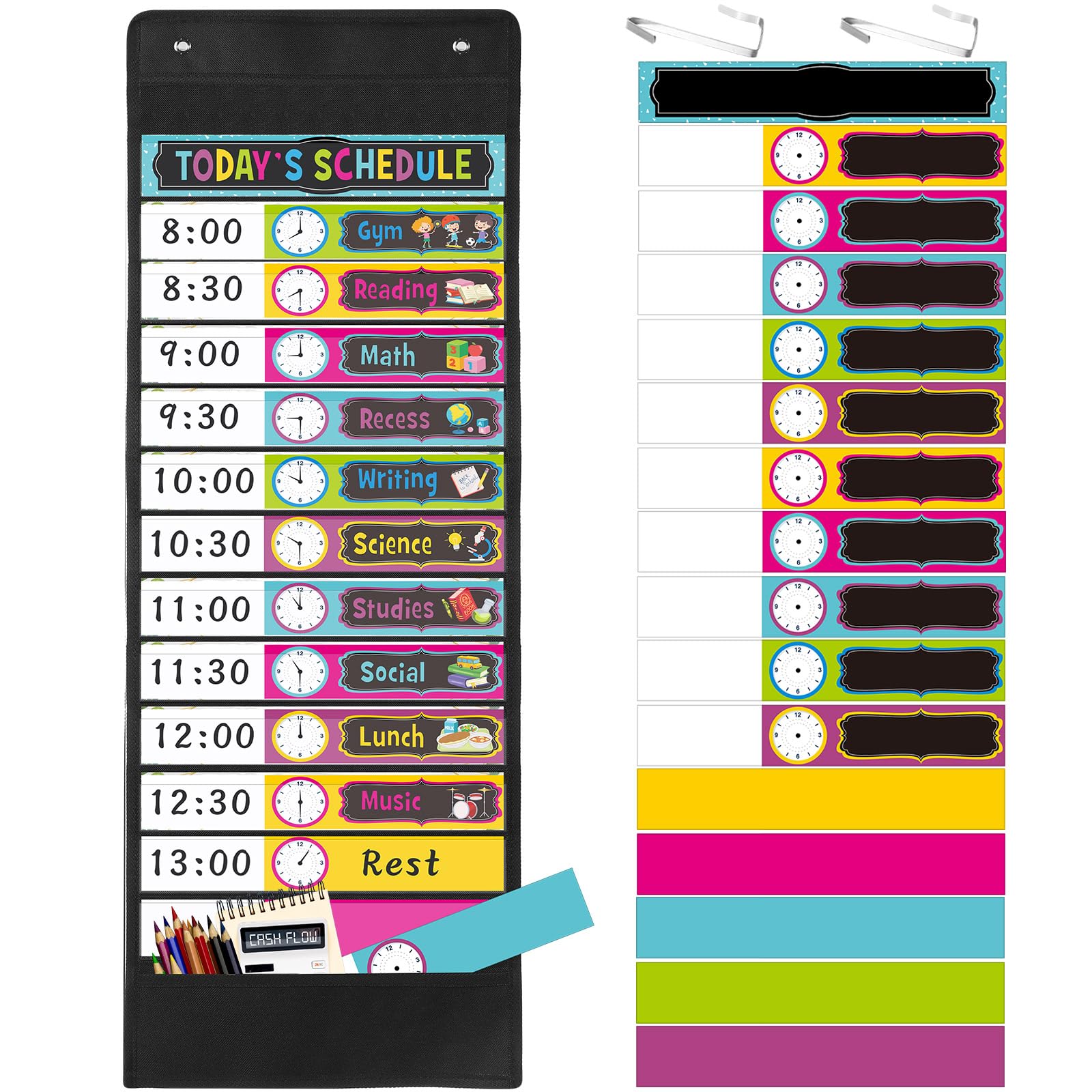 Photo 1 of Pasimy 1 Set Daily Schedule Chart Pocket Schedule Board Chart 13+1 Pockets Visual Schedule Chart Classroom Job Pockets Chart and Cards for Teacher Kids School Office Home 13 x 35.5 Inch