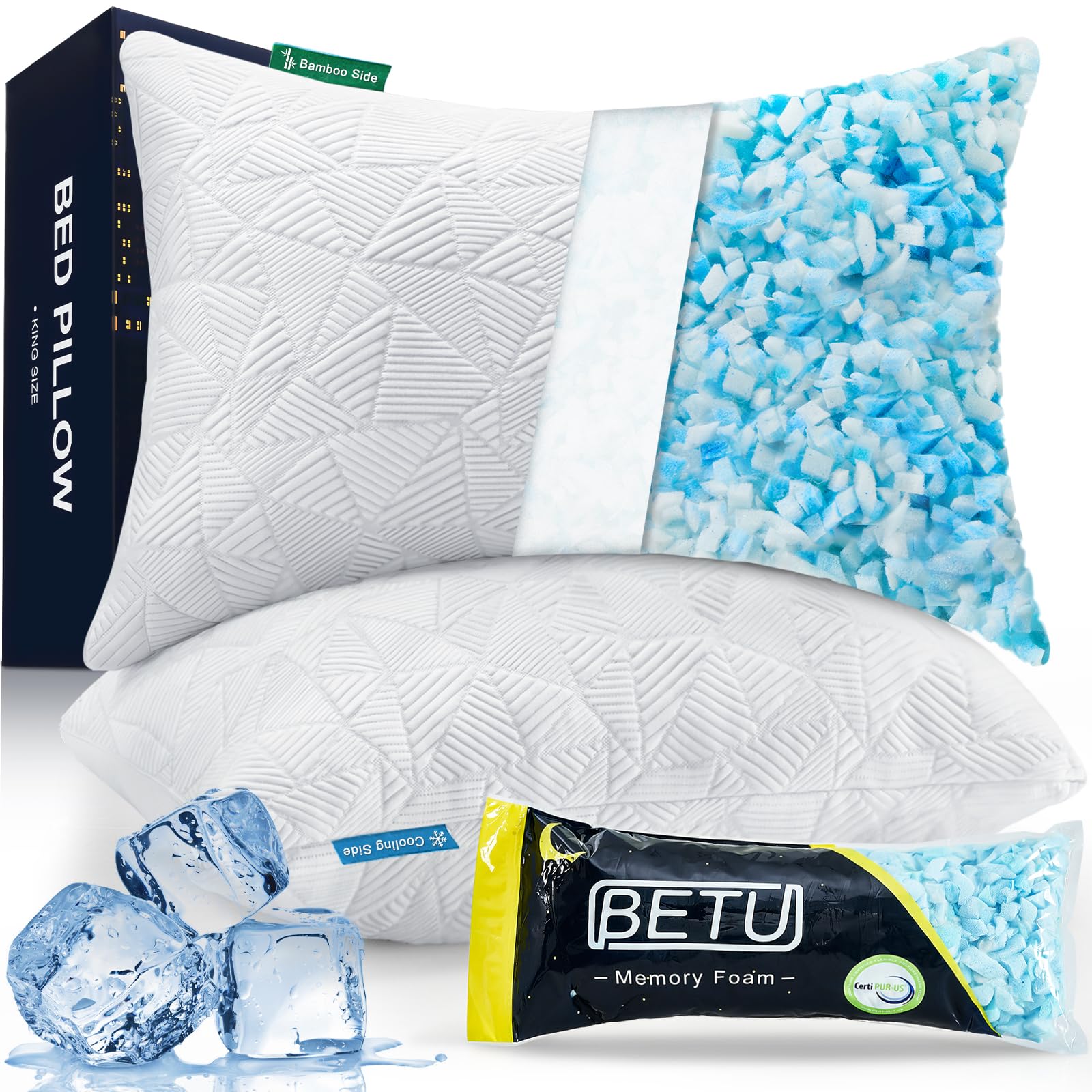 Photo 1 of BETU Cooling Pillows Standard Size Set of 2, Shredded Memory Foam Cool Pillows for Hot Sleepers, Adjustable Firm Soft Support Bed Pillows Perfect for Back Neck Pain and Side Sleeping, White