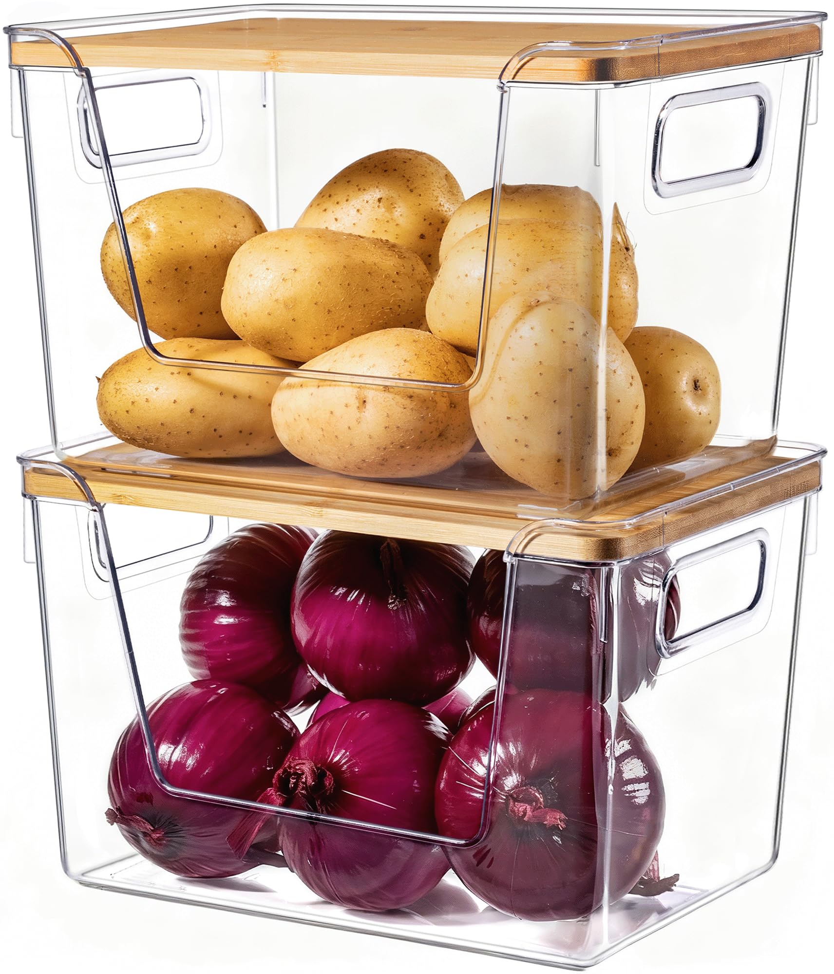 Photo 1 of ***Factory seal***

Criusia 2 Set Pantry Organizers and Storage with Bamboo Lids, Stackable Clear Bins for Onion, Potato, Fruit, Vegetables, Trash Bag Dispenser, Kitchen and Under Sink Organizer