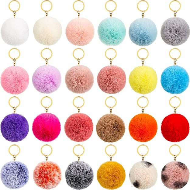 24 Pieces Colorful Pom Poms Keychains Fluffy Ball Pompoms