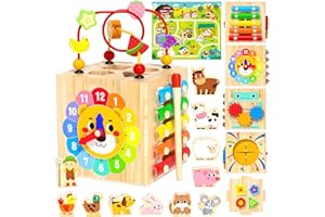 ATOYUS Wooden 7-in-1 Activity Cube, Montessori Toys for 1 2 3 Year Old Toddlers, Baby Educational Learning Toy 12-18 Months, 