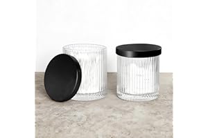 SEICASAYA 2-Piece Ribbed Glass Canister Qtip Holder Dispenser with Sealed Metal Lids for Vanity and Bathroom Counter (Black 2